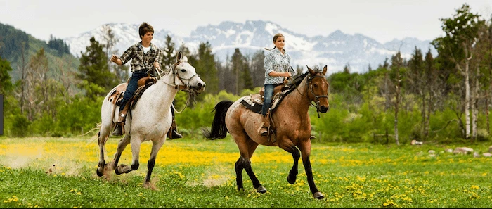 Confident plus-size woman riding Ayr a horse through a field with a smile on her face.